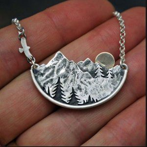 Mountain necklace with bird and moon